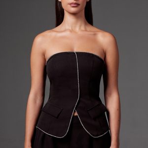 Black Woven Tailored Diamante Trim Bandeau Top