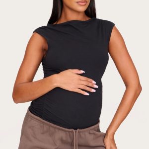 Maternity Black Boat Neck Side Ruched Detail Top
