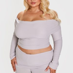 Plus Grey Marl Countour Jersey Bardot Long Sleeve Top
