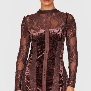 Petite Chocolate Crushed Velvet Long Sleeve Lace Detail Mini Dress