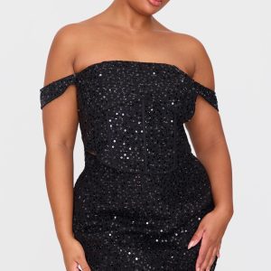 Plus Black Sequin Detail Crop Top