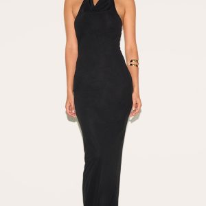Black Chiffon Halterneck Low Back Maxi Dress