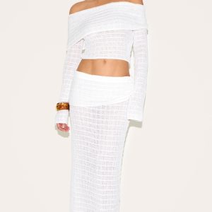 White Fold Over Textured Knit Skirt