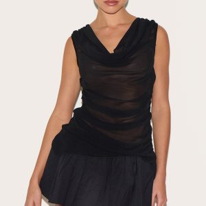 Black Chiffon Sleeveless Drape Long Top