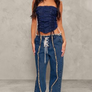 Petite Mid Blue Wash Denim Lace Up Jeans With Fray Details