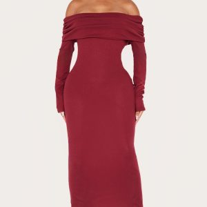 Shape Burgundy Rib Bardot Long Sleeve Maxi Dress