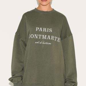 Khaki Washed Paris Montmarte Print Oversized Sweatshirt