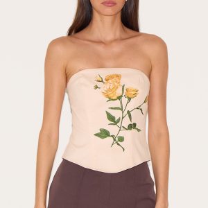 Beige Woven Embroidered Floral Corset