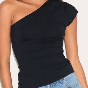 Black Cotton One Shoulder Longline Top