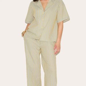 Green Striped Textured Wide Leg Trouser
