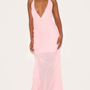 Pale Rose Chiffon Asymmetric Ruched Maxi Dress