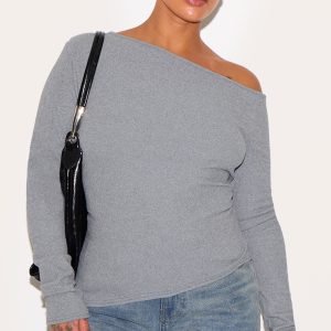 Plus Grey Bardot Soft Touch Rib Long Sleeve Top