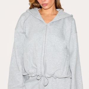 Grey Oversized Zip Up Toggle Waist Hoodie