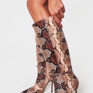 Snake PU Point Toe Knee High Stiletto Heeled Boots