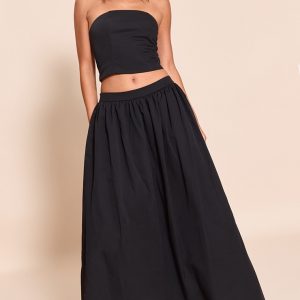 Black Woven Band Detail Pleated Maxi Skirt