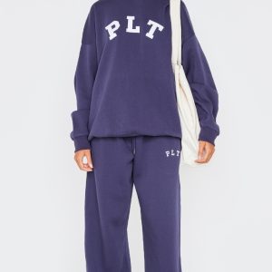 PRETTYLITTLETHING Navy Logo Oversize Wide Leg Joggers