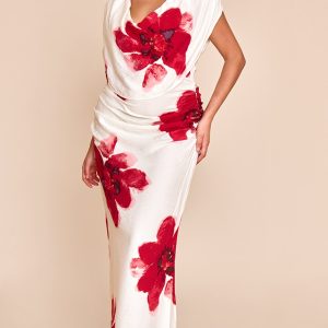 Plus Red Printed Extreme Cowl Ruched Detail Maxi Dress