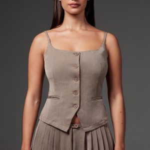 Premium Taupe Woven Button Up Detail Tailored Top