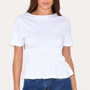 White Shirred Fitted T-shirt