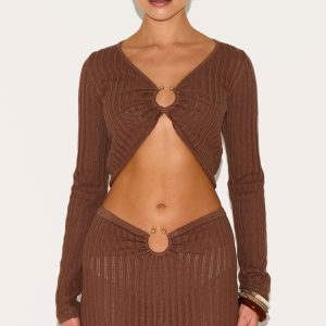 Mocha Pointelle Knit Trim Detail Long Sleeve Top