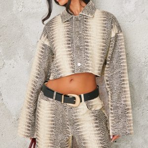 Petite Snake Print Faux Leather Boxy Jacket