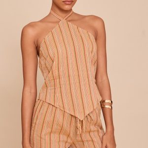 Apricot Pinstripe Halter Neck Pointed Hem Top