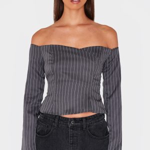 Charcoal Pinstripe Fitted Bardot Shirt