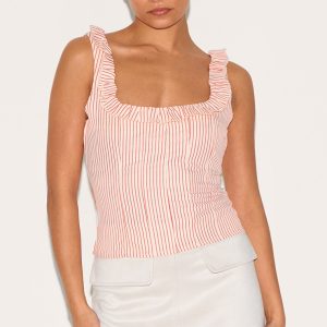 Petite Red Pinstripe Frill Detail Top