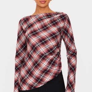 Dark Red Check Asymmetric Long Top