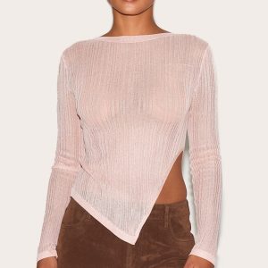 Pink Sheer Knit Asymmetric Top