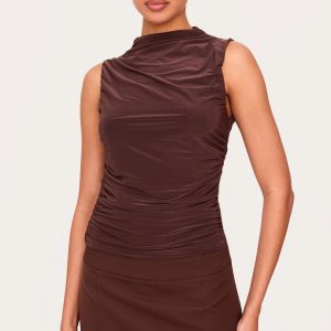 Chocolate Double Layer Slinky Ruched Detail Long Top