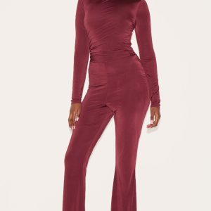 Wine Double Layer Slinky Gathered Long Sleeve Wide Leg Jumpsuit
