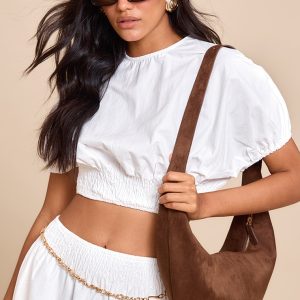 White Shirred Waist Cap Sleeve Crop Top