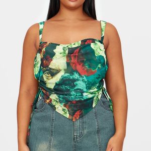 Plus Green Abstract Print Mesh Layered Corset Top