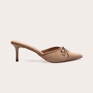 Beige Faux Suede Point Toe Bow Detail Mid Heeled Court Mules