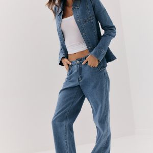 Mid Blue Wash Mid Waist Straight Leg Jeans