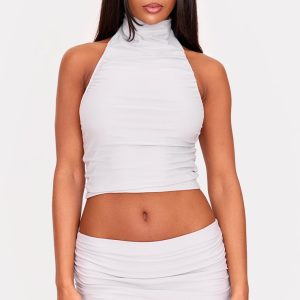 Light Grey Soft Touch Ruched Halter Crop Top