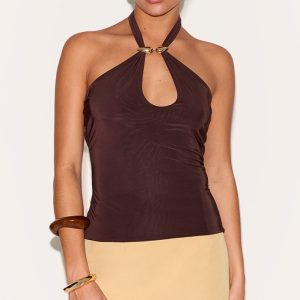Petite Chocolate Double Layer Halterneck Trim Detail Top