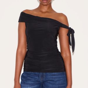 Black Double Layer Slinky Tie Shoulder Bardot Long Top