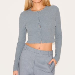 Charcoal Soft Touch Rib Button Down Long Sleeve Top