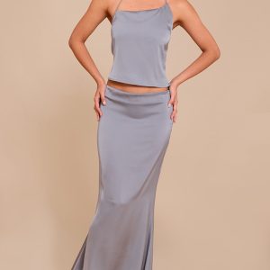Grey Satin Mid Rise Maxi Skirt