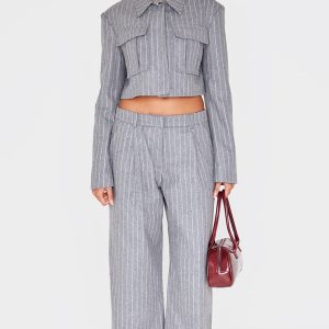 Grey Premium Pinstripe Wide Leg Trousers