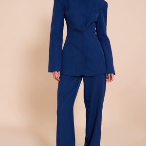 Navy Tailored Wide Leg Split Hem Trousers