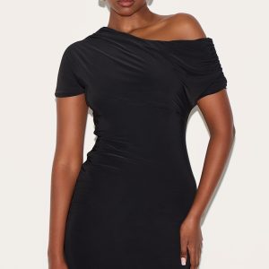 Black Slinky Off The Shoulder Ruched Mini Dress