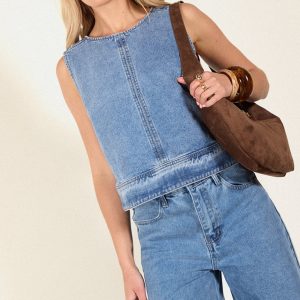 Mid Blue Wash Round Neck Sleeveless Boxy Denim Top
