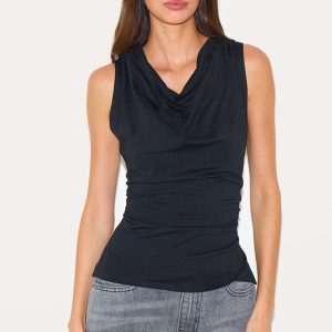 Black Cotton Ruched Waist Sleeveless Top