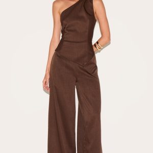 Chocolate Woven One Shoulder Wide Leg Jumpsuit