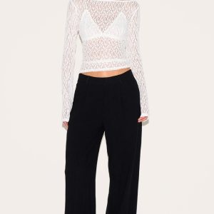 White Textured Sheer Lace Boat Neck Long Sleeve Top