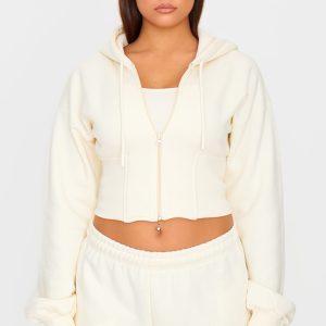 Cream Cinched Waist Cropped Zip Up Hoodie