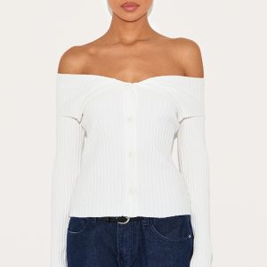 Cream Rib Knit Fold Over Button Up Top
